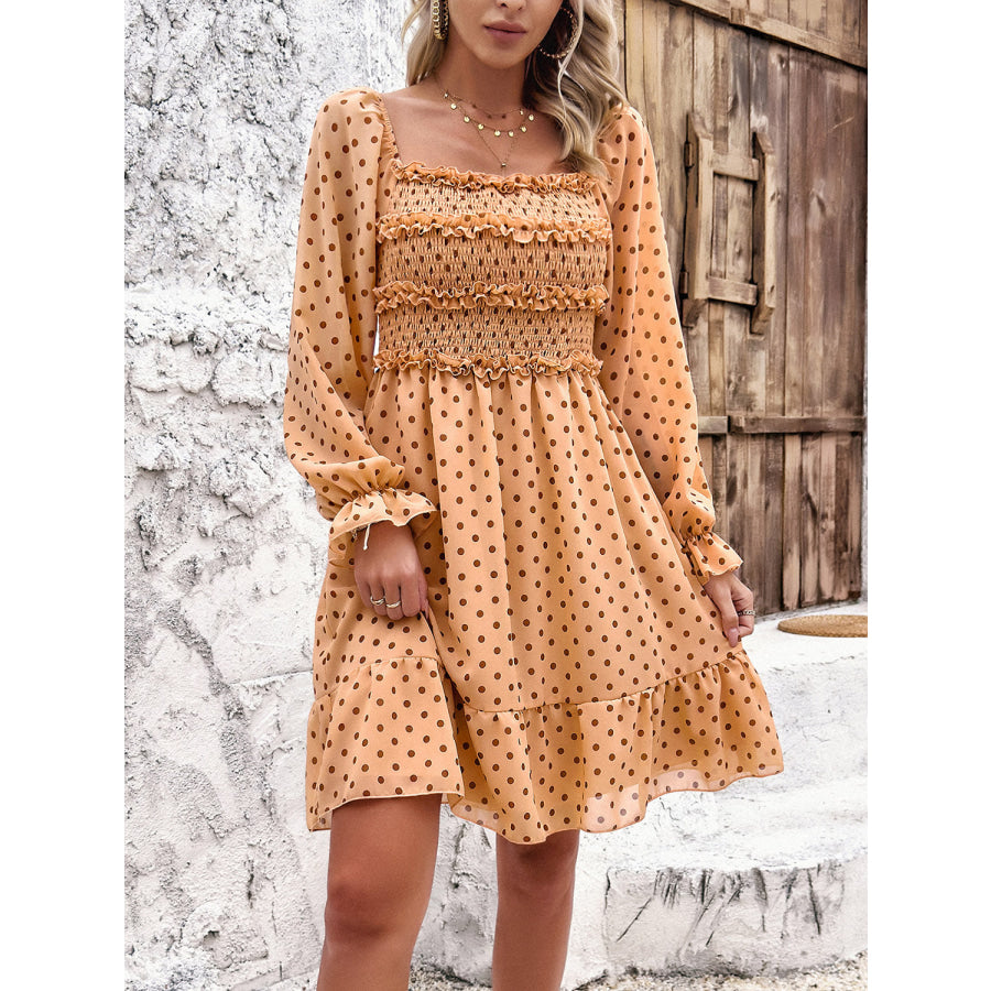 Smocked Polka Dot Long Sleeve Dress Sherbet / S Apparel and Accessories