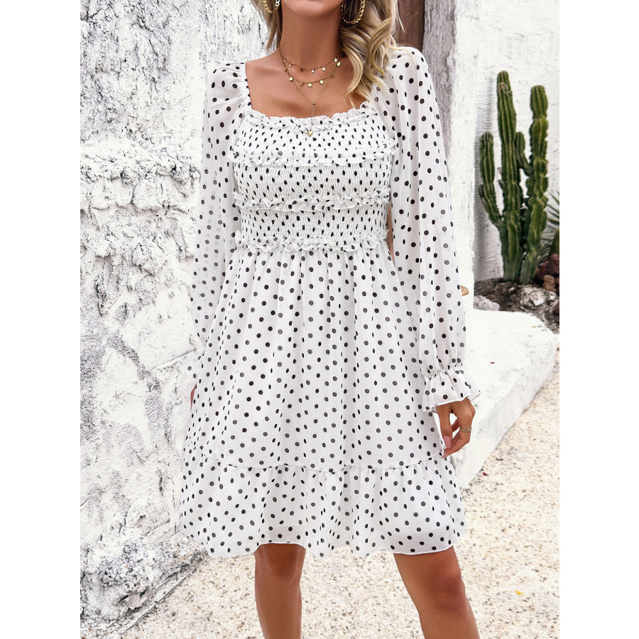 Smocked Polka Dot Long Sleeve Dress White / S Apparel and Accessories