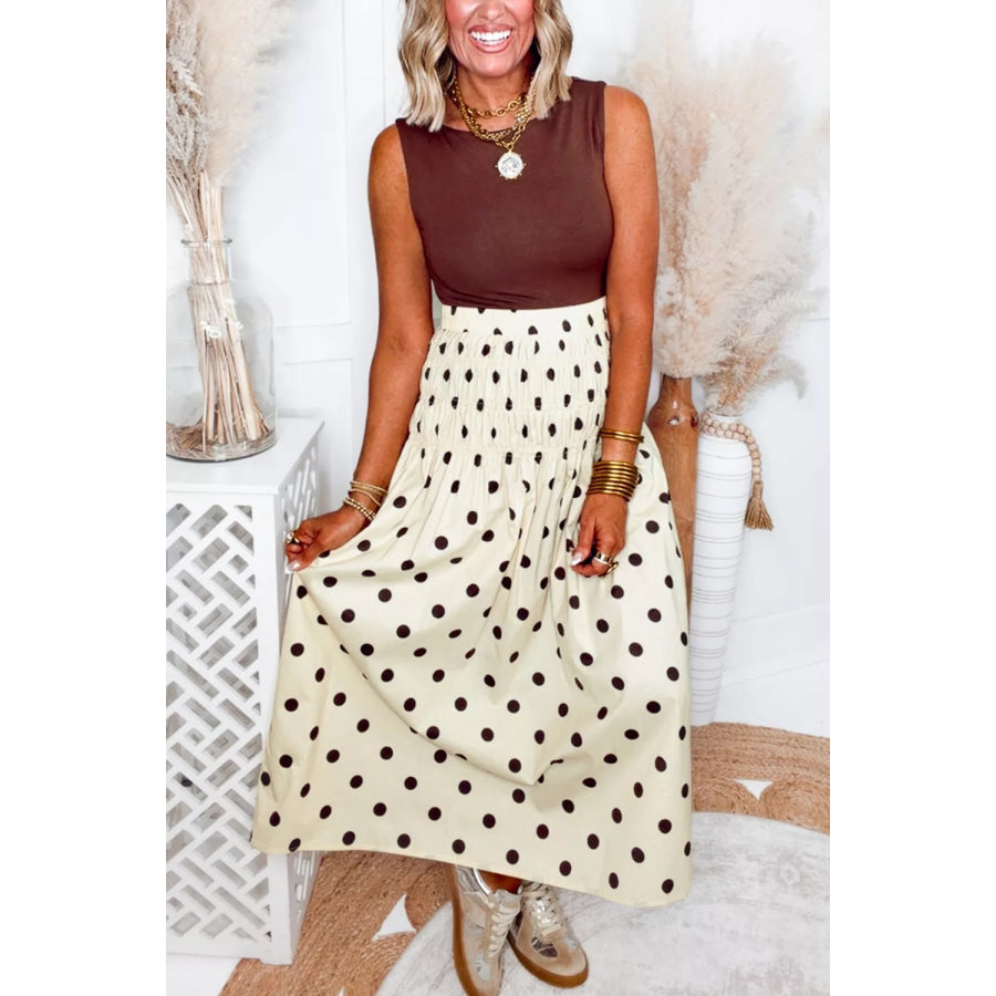 Smocked Polka Dot Maxi Skirt Beige / S Apparel and Accessories