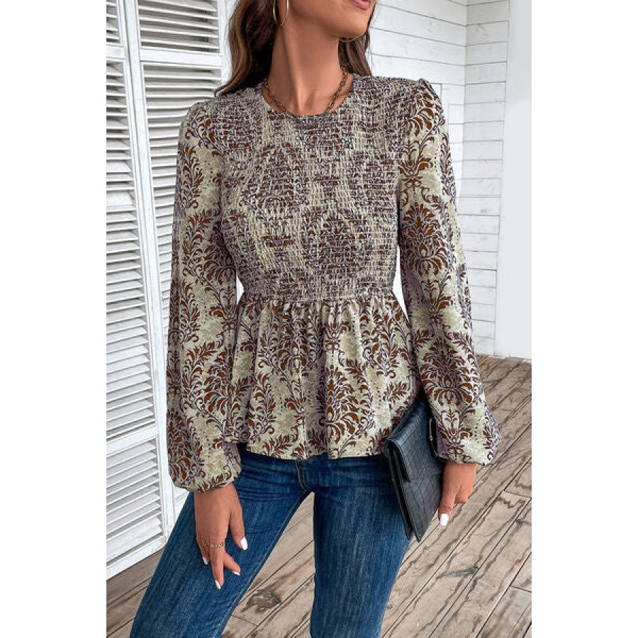 Smocked Printed Balloon Sleeve Blouse Chestnut / S Clothing