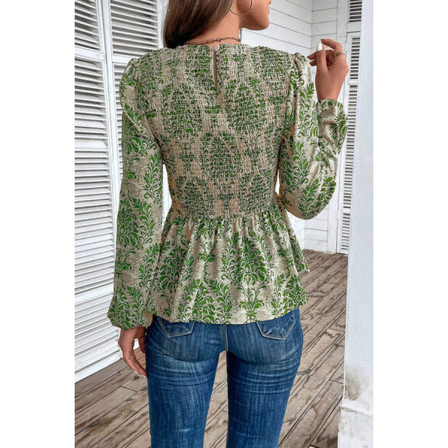 Smocked Printed Balloon Sleeve Blouse Clothing