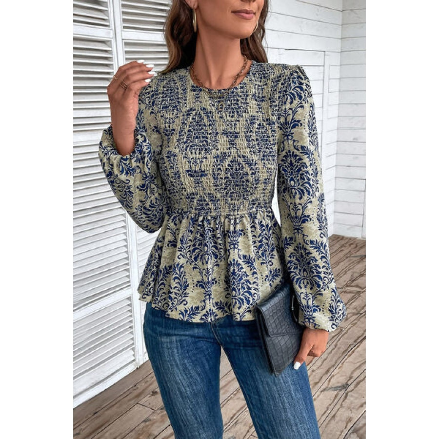 Smocked Printed Balloon Sleeve Blouse Clothing