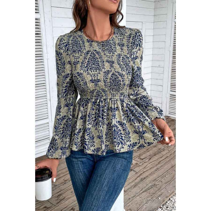 Smocked Printed Balloon Sleeve Blouse Clothing