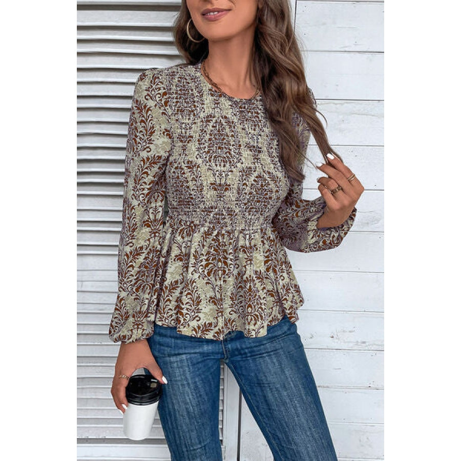 Smocked Printed Balloon Sleeve Blouse Clothing