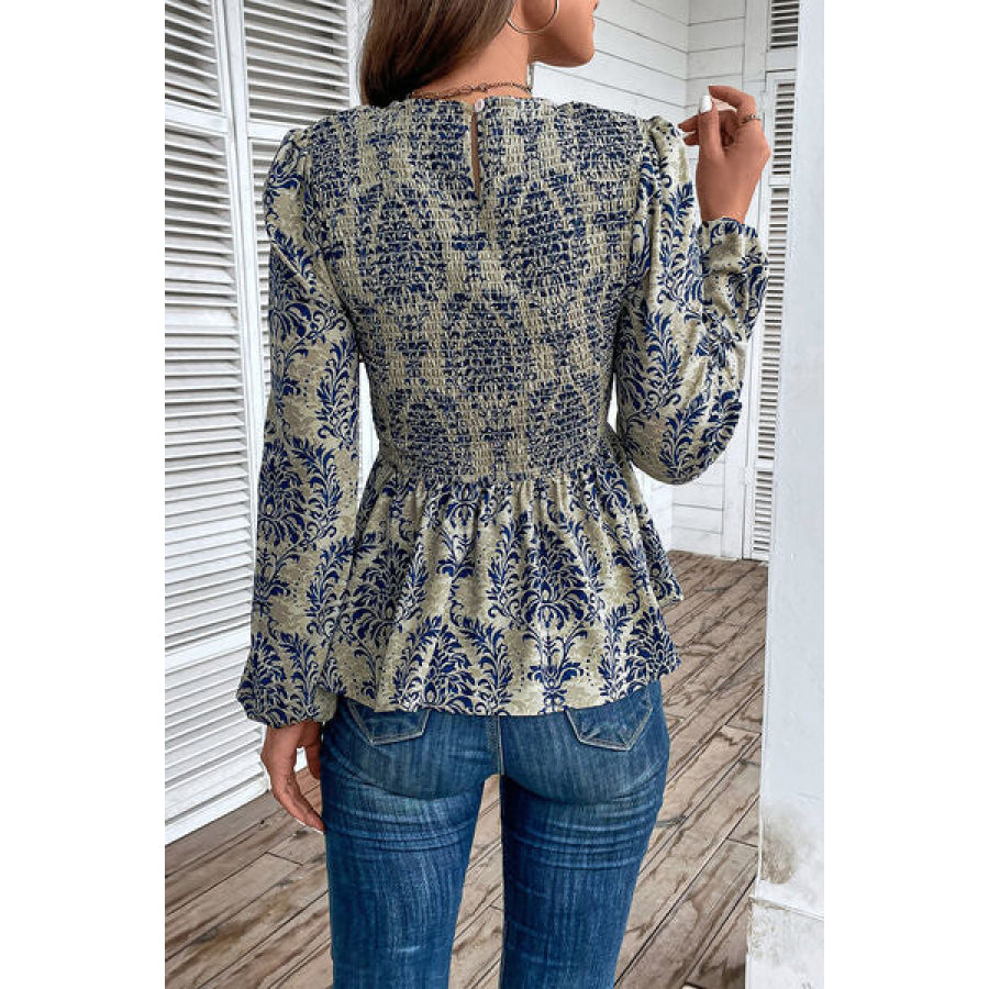 Smocked Printed Balloon Sleeve Blouse Navy / S Clothing