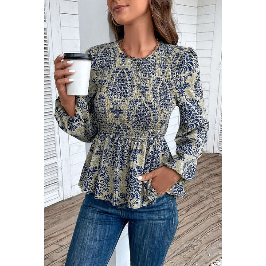 Smocked Printed Balloon Sleeve Blouse Clothing