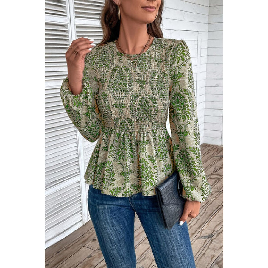 Smocked Printed Balloon Sleeve Blouse Clothing