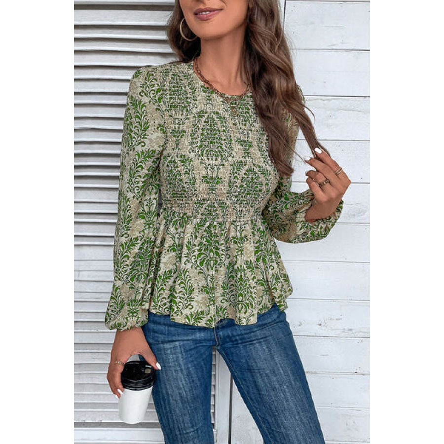 Smocked Printed Balloon Sleeve Blouse Clothing