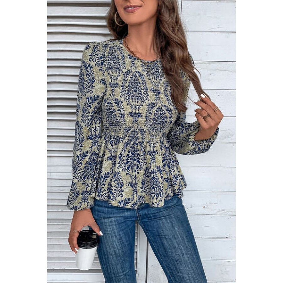 Smocked Printed Balloon Sleeve Blouse Clothing