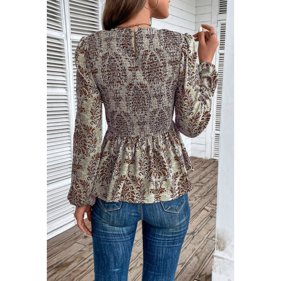 Smocked Printed Balloon Sleeve Blouse Clothing