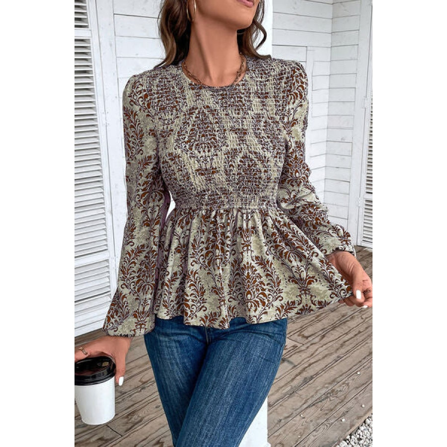 Smocked Printed Balloon Sleeve Blouse Clothing