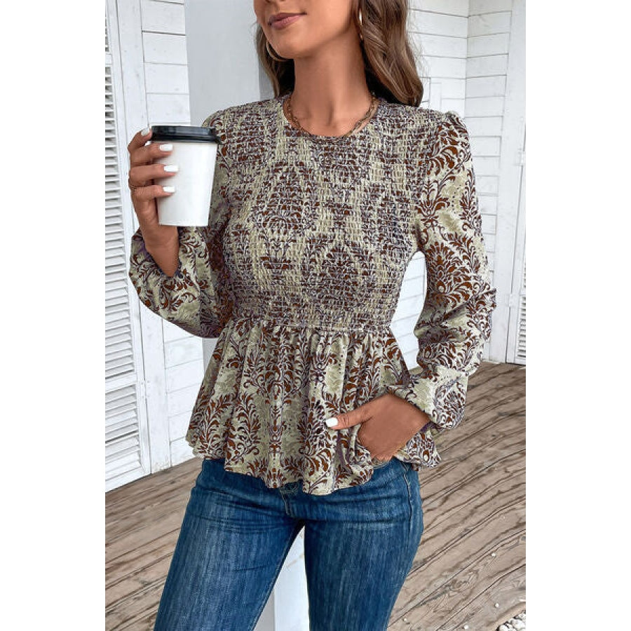 Smocked Printed Balloon Sleeve Blouse Clothing