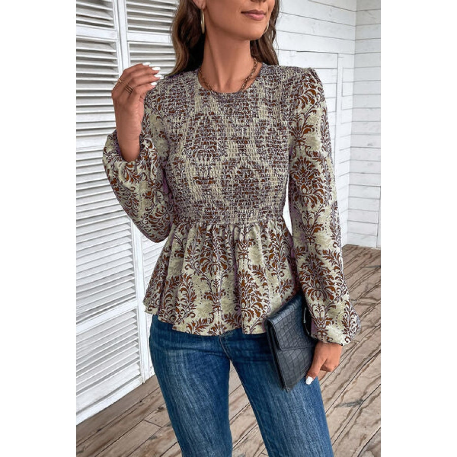 Smocked Printed Balloon Sleeve Blouse Clothing