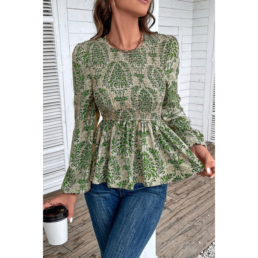 Smocked Printed Balloon Sleeve Blouse Clothing