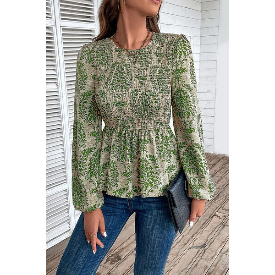 Smocked Printed Balloon Sleeve Blouse Mid Green / S Clothing