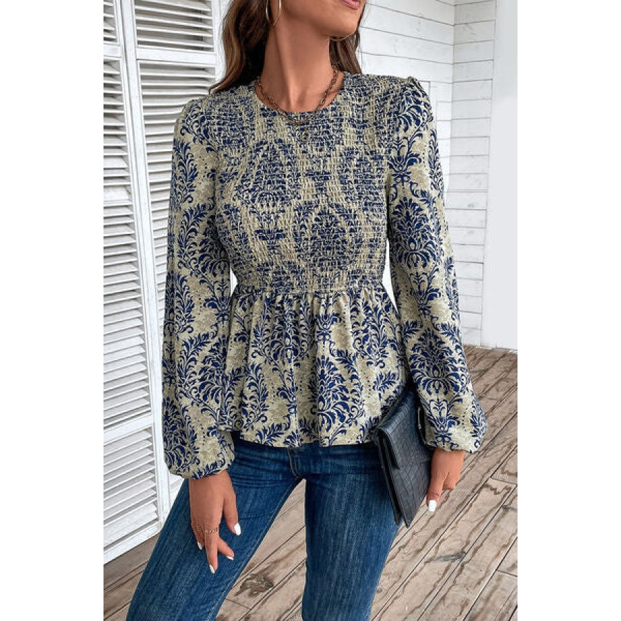 Smocked Printed Balloon Sleeve Blouse Navy / S Clothing