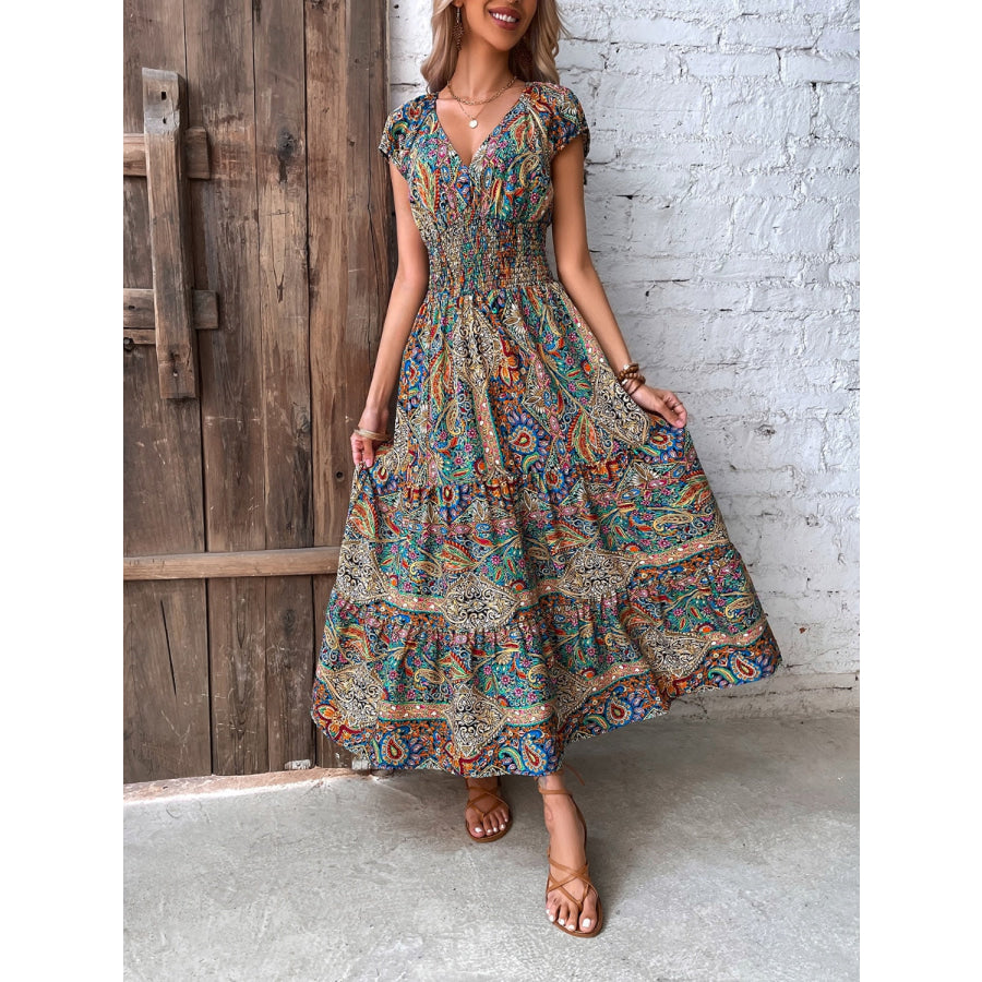 Smocked Printed Cap Sleeve Midi Dress Apparel and Accessories