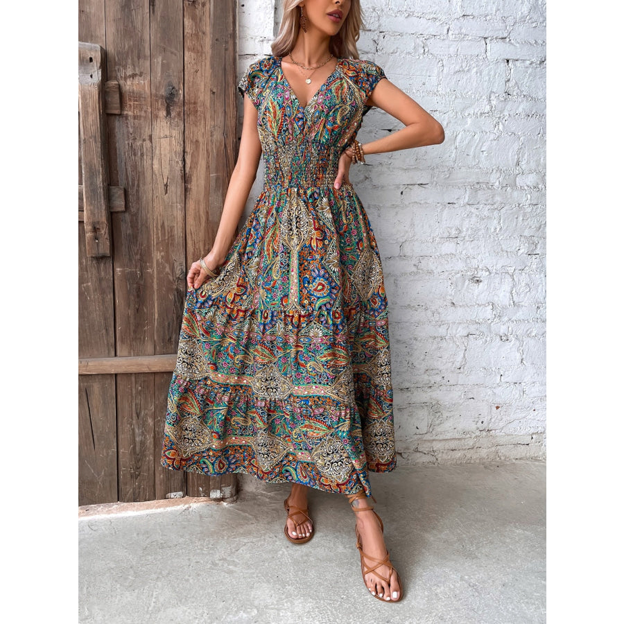 Smocked Printed Cap Sleeve Midi Dress Apparel and Accessories