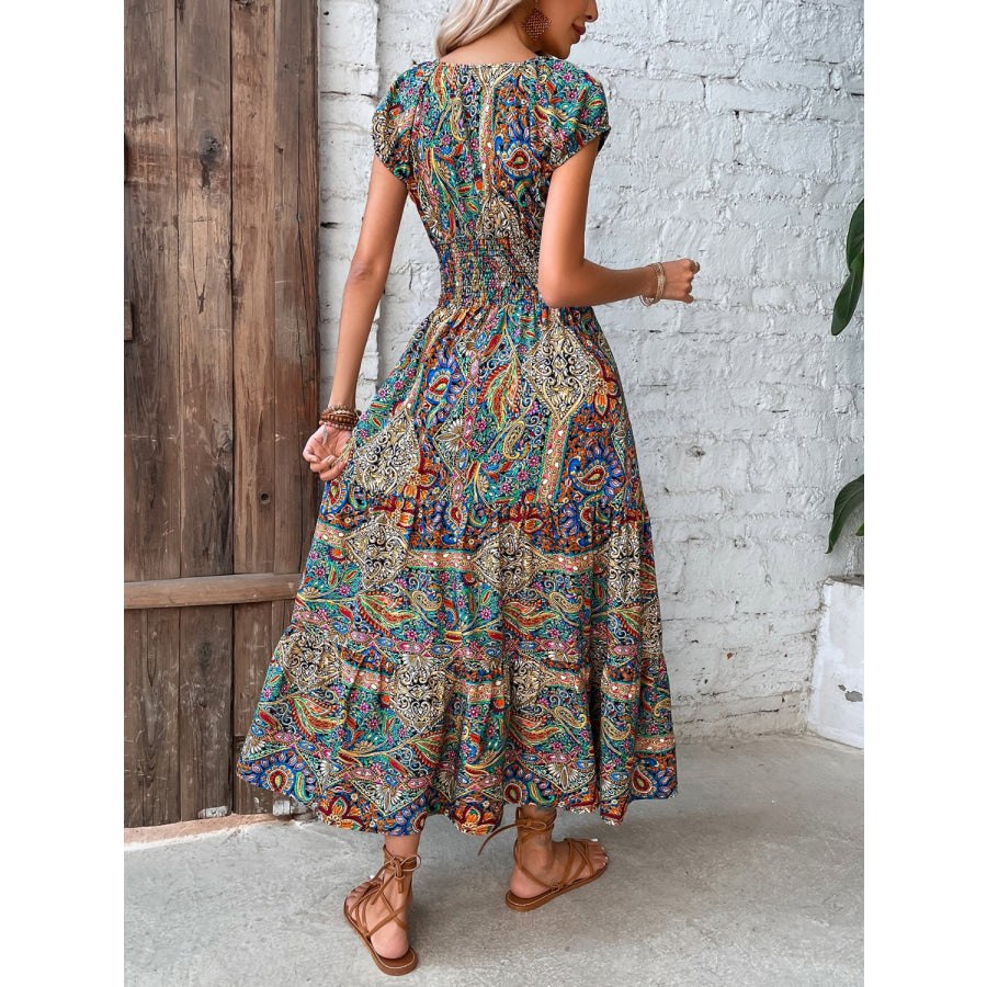 Smocked Printed Cap Sleeve Midi Dress Apparel and Accessories