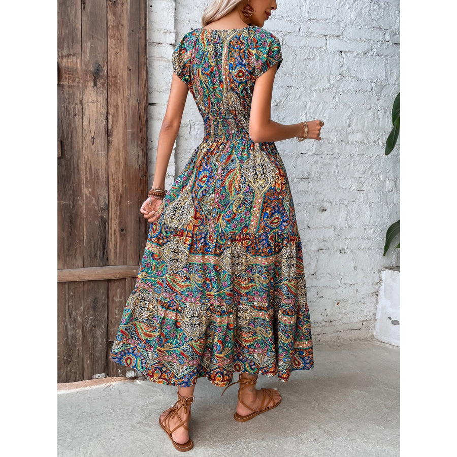 Smocked Printed Cap Sleeve Midi Dress Multicolor / S Apparel and Accessories