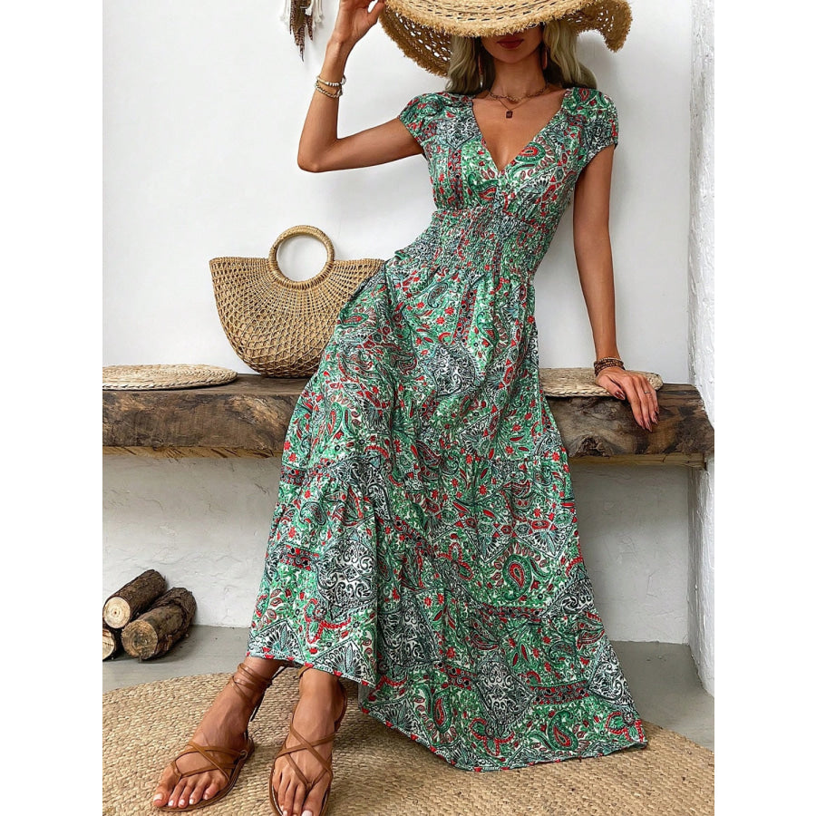 Smocked Printed Cap Sleeve Midi Dress Green / L Apparel and Accessories