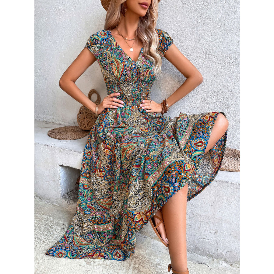 Smocked Printed Cap Sleeve Midi Dress Multicolor / S Apparel and Accessories