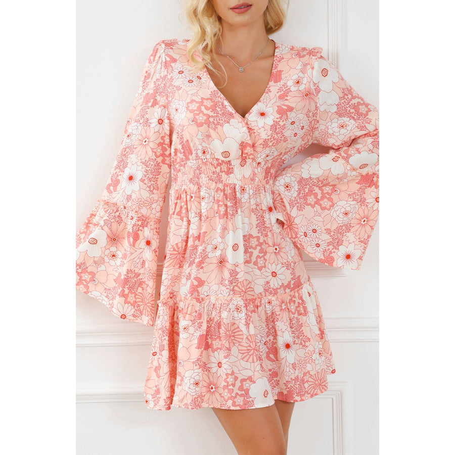 Smocked Printed Flare Sleeve Mini Dress Floral / S Apparel and Accessories