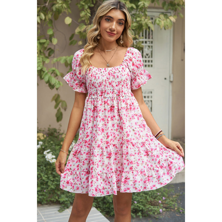 Smocked Printed Flounce Sleeve Mini Dress Blush Pink / S Apparel and Accessories