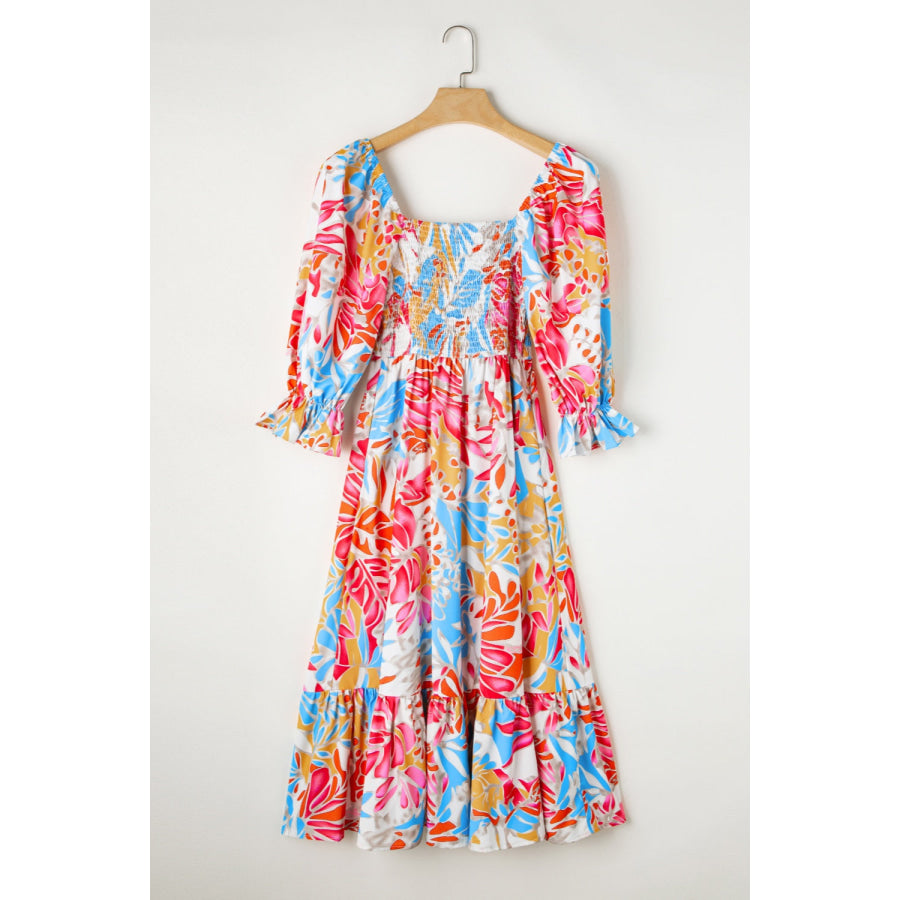 Smocked Printed Half Sleeve Midi Dress Apparel and Accessories