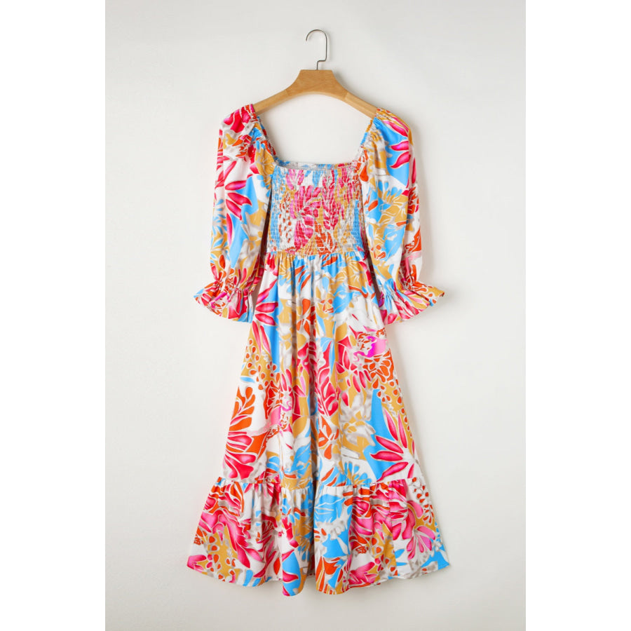 Smocked Printed Half Sleeve Midi Dress Apparel and Accessories