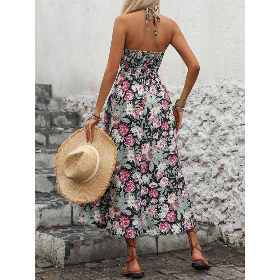 Smocked Printed Halter Neck Midi Dress Apparel and Accessories