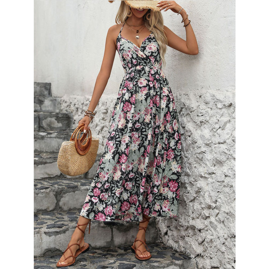 Smocked Printed Halter Neck Midi Dress Apparel and Accessories