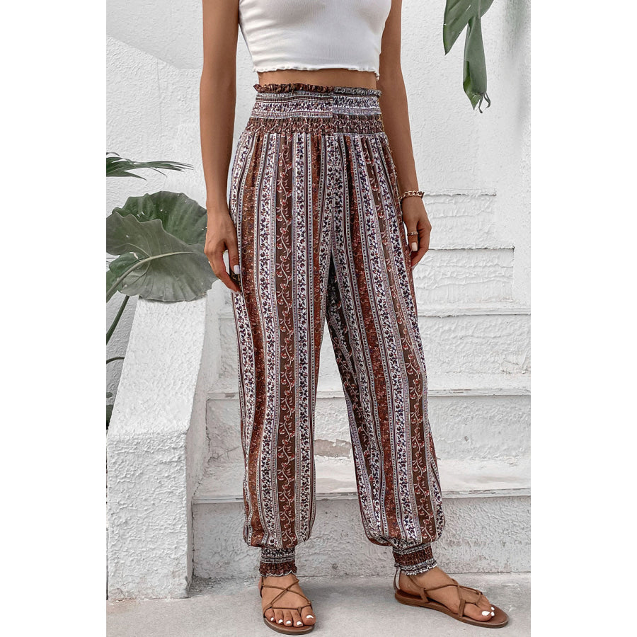 Smocked Printed High Waist Pants Apparel and Accessories