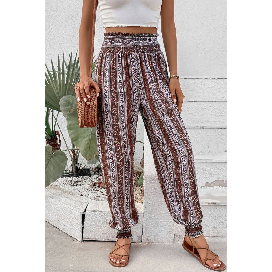 Smocked Printed High Waist Pants Apparel and Accessories