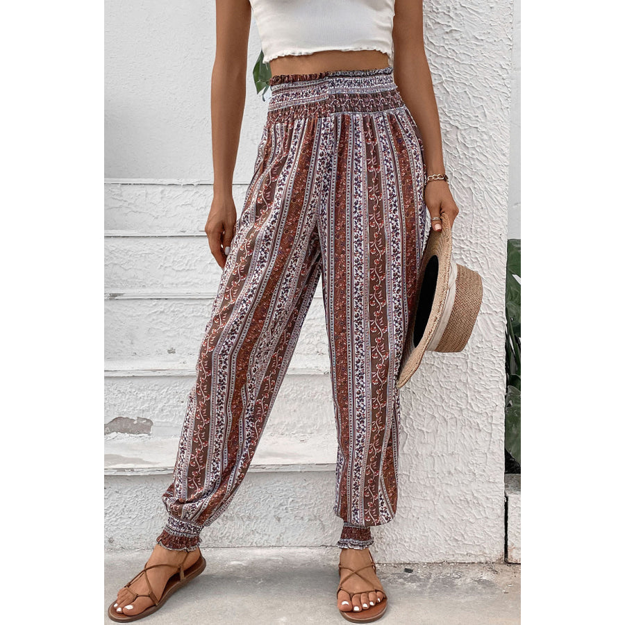 Smocked Printed High Waist Pants Apparel and Accessories