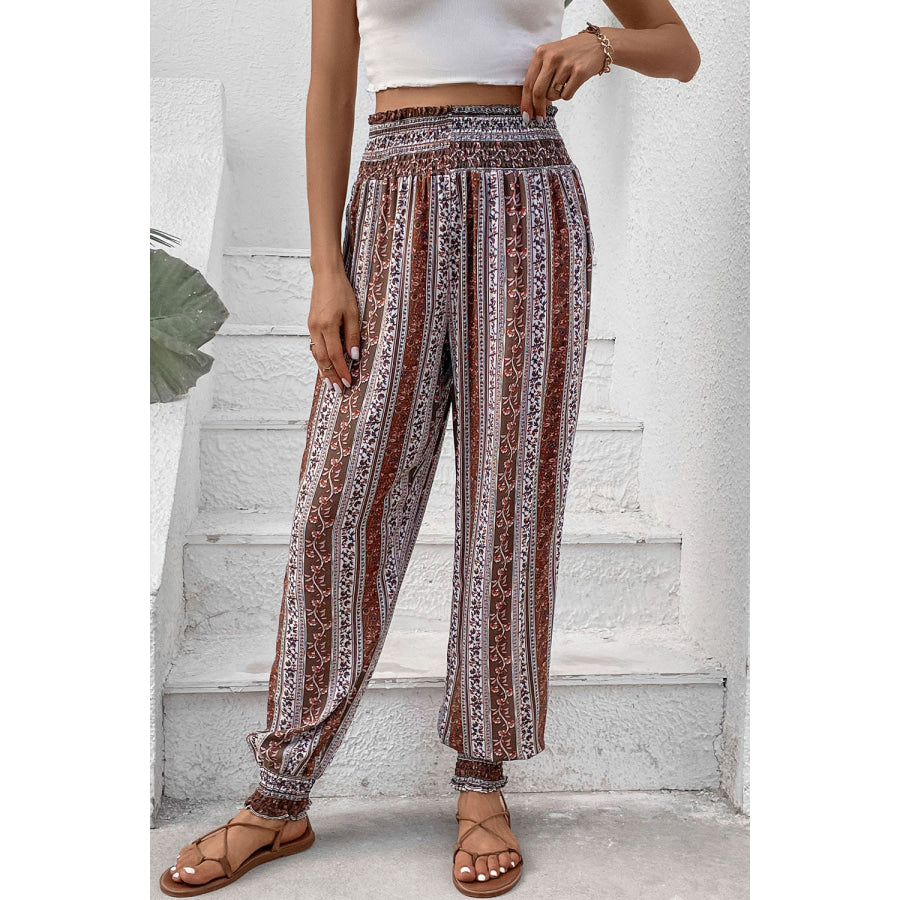 Smocked Printed High Waist Pants Multicolor / S Apparel and Accessories