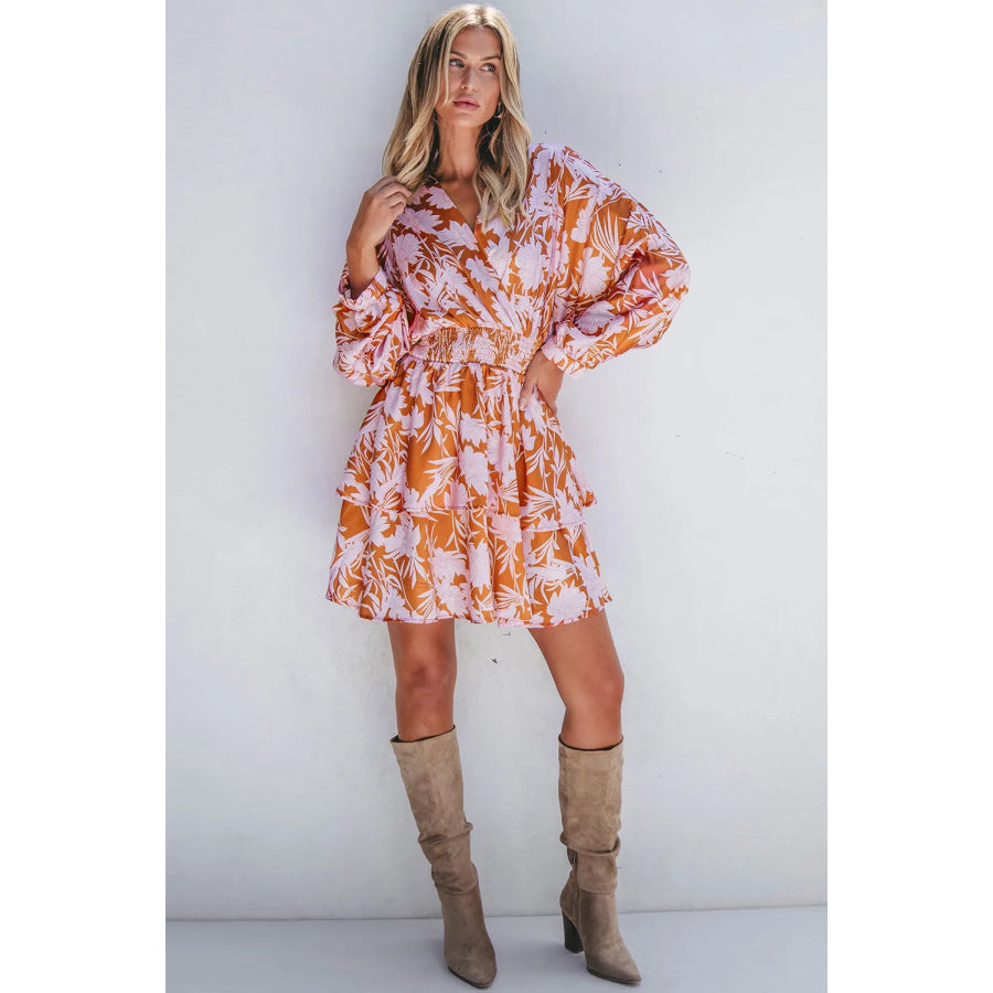 Smocked Printed Long Sleeve Mini Dress Apparel and Accessories