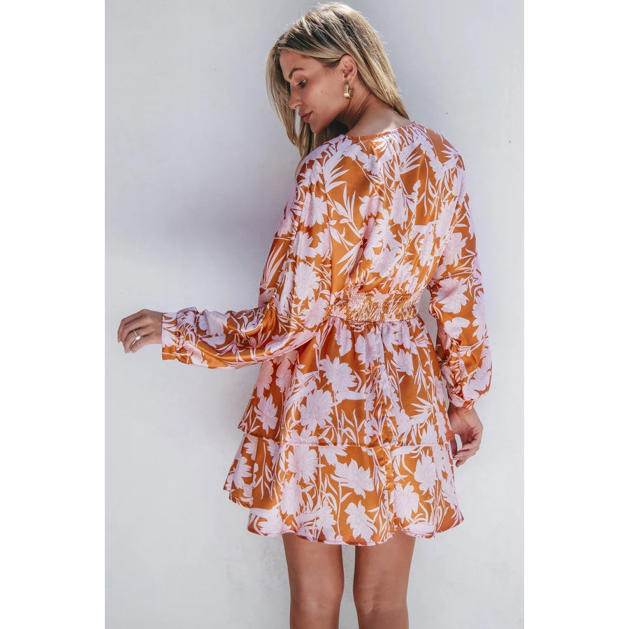 Smocked Printed Long Sleeve Mini Dress Apparel and Accessories