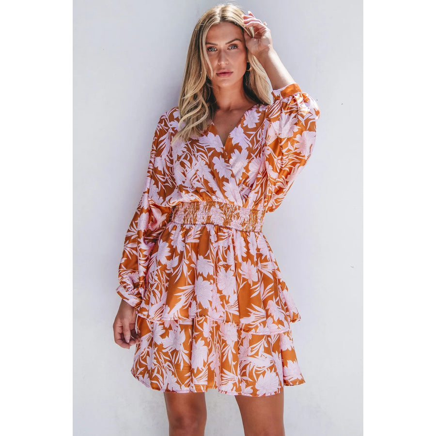 Smocked Printed Long Sleeve Mini Dress Apparel and Accessories