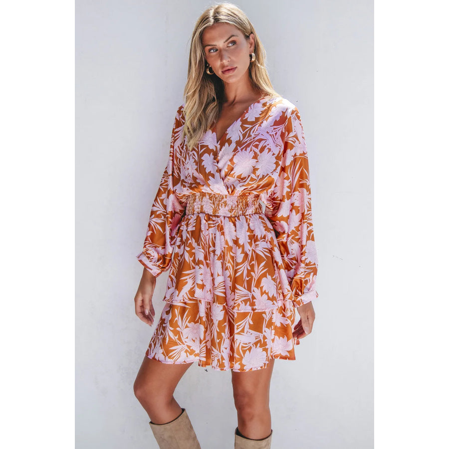 Smocked Printed Long Sleeve Mini Dress Apparel and Accessories