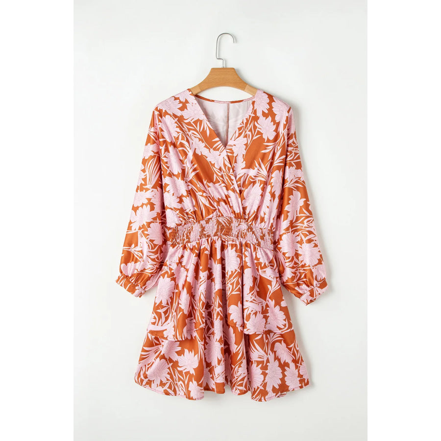 Smocked Printed Long Sleeve Mini Dress Apparel and Accessories