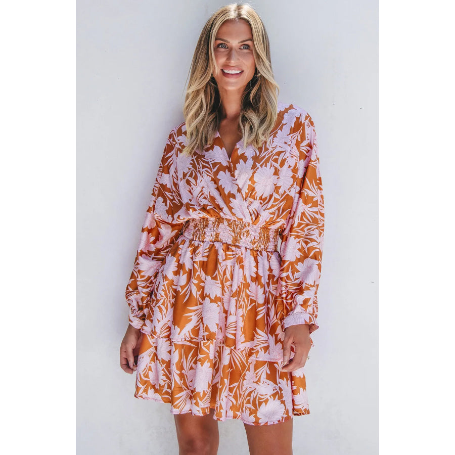 Smocked Printed Long Sleeve Mini Dress Apparel and Accessories