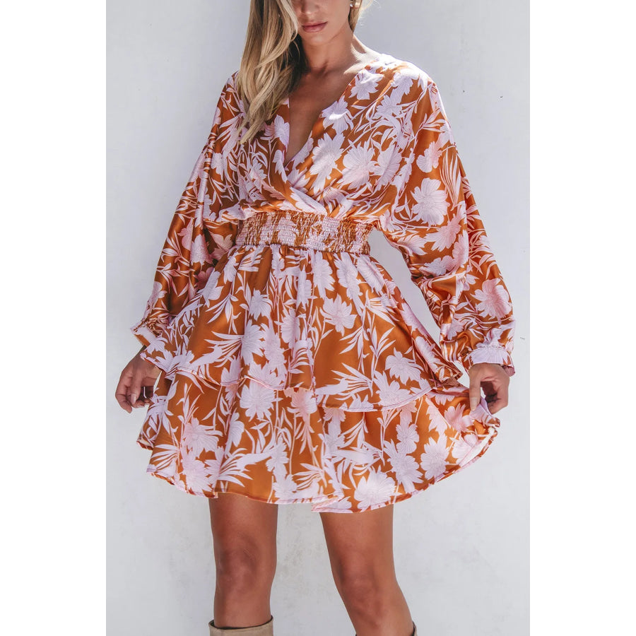 Smocked Printed Long Sleeve Mini Dress Terracotta / S Apparel and Accessories