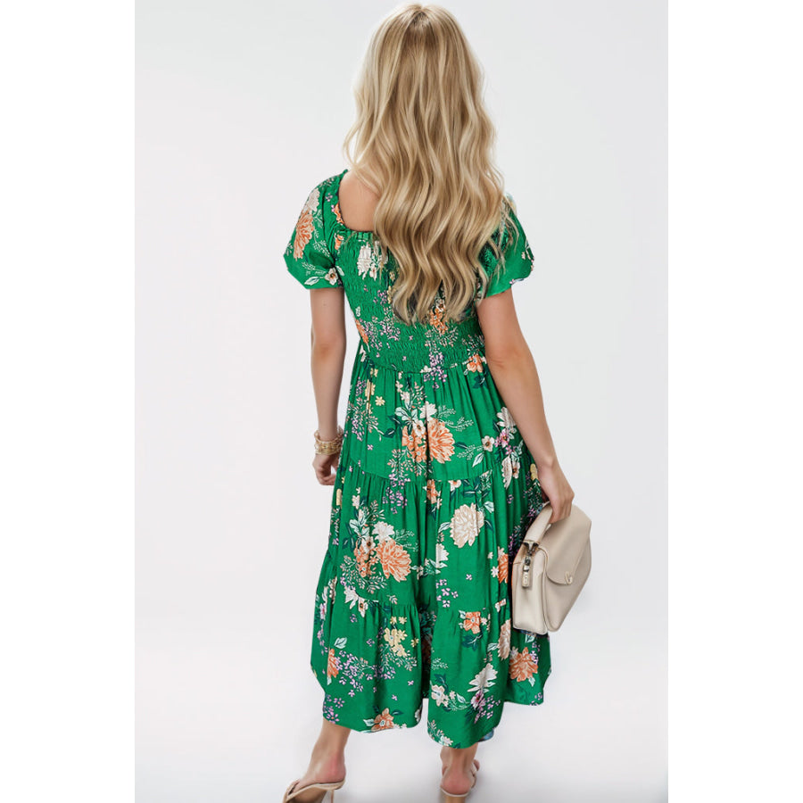 Smocked Printed Puff Sleeve Midi Dress Apparel and Accessories