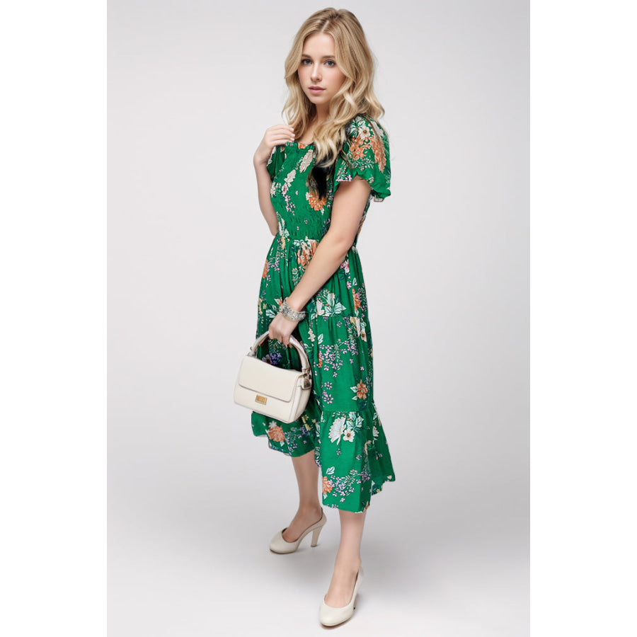 Smocked Printed Puff Sleeve Midi Dress Apparel and Accessories