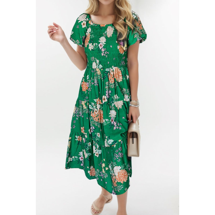 Smocked Printed Puff Sleeve Midi Dress Green / S Apparel and Accessories