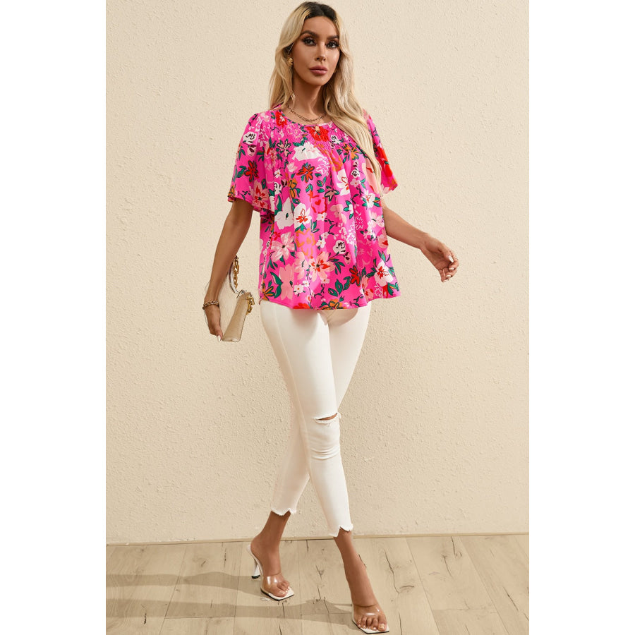 Smocked Printed Round Neck Half Sleeve Blouse Apparel and Accessories