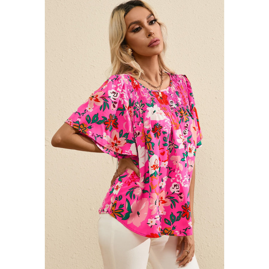 Smocked Printed Round Neck Half Sleeve Blouse Apparel and Accessories