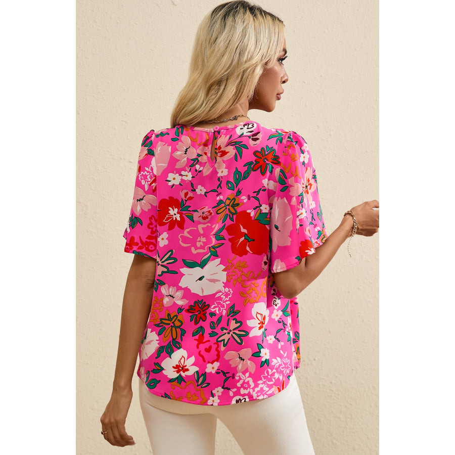 Smocked Printed Round Neck Half Sleeve Blouse Apparel and Accessories