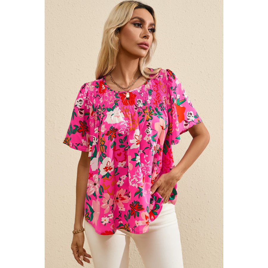 Smocked Printed Round Neck Half Sleeve Blouse Hot Pink / S Apparel and Accessories